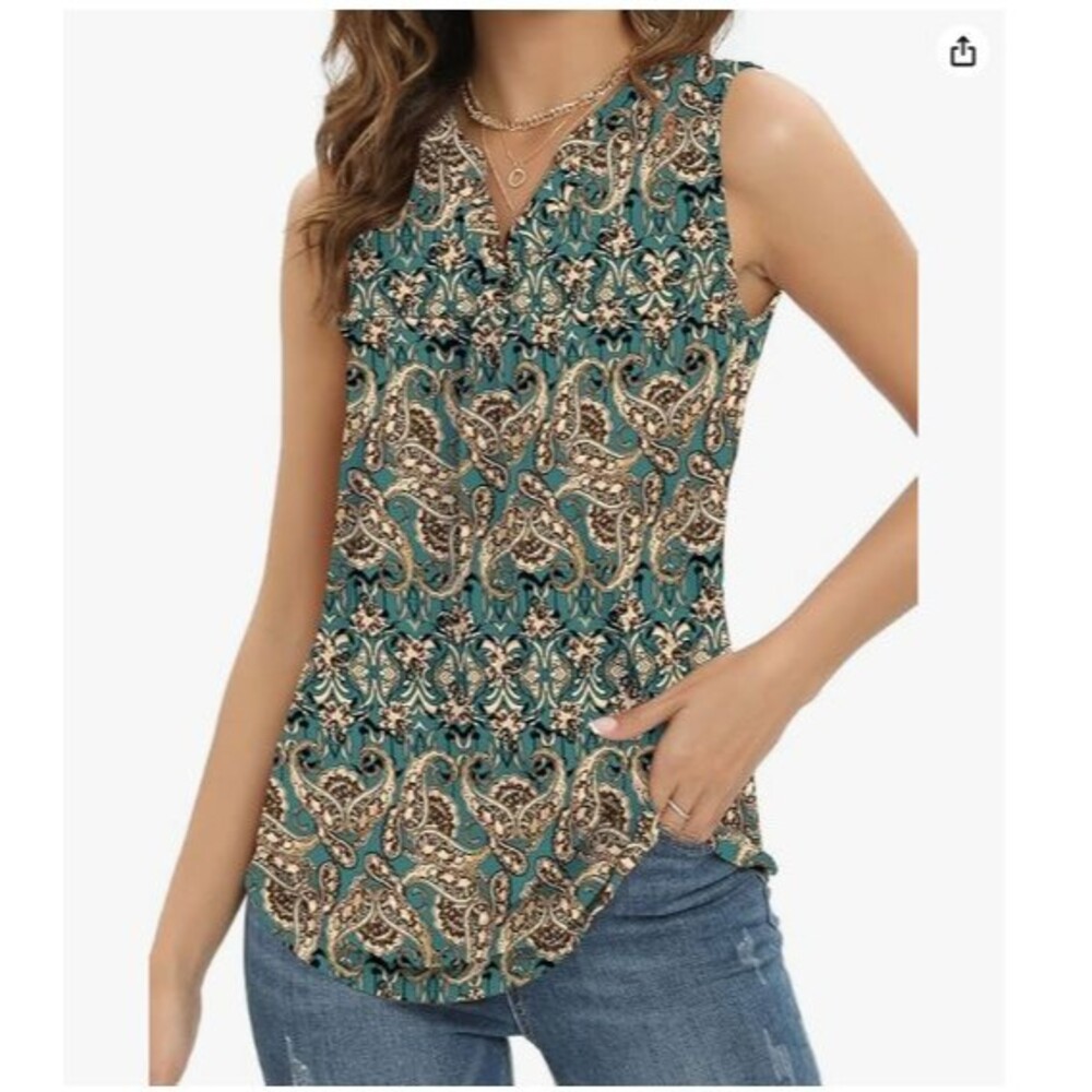 Women’s Sleeveless Blouse V Neck Dressy Medium Business Casual Loose Green